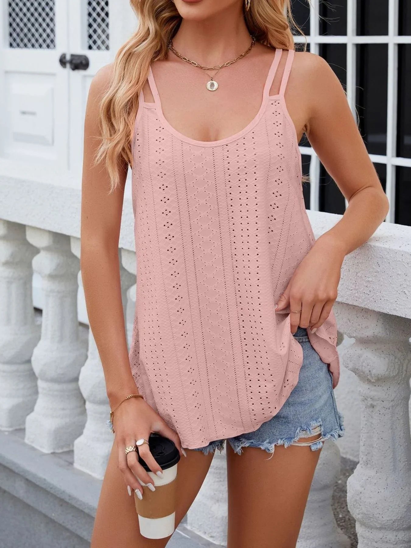Eyelet Double Strap Cami Top With Intricate Pattern Details - Southern Shores Clothing
