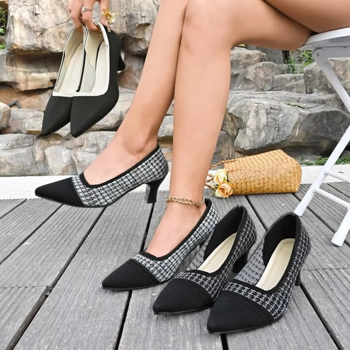 Point Toe Block Heel Pumps With Mesh Leather And Rubber - Southern Shores Clothing