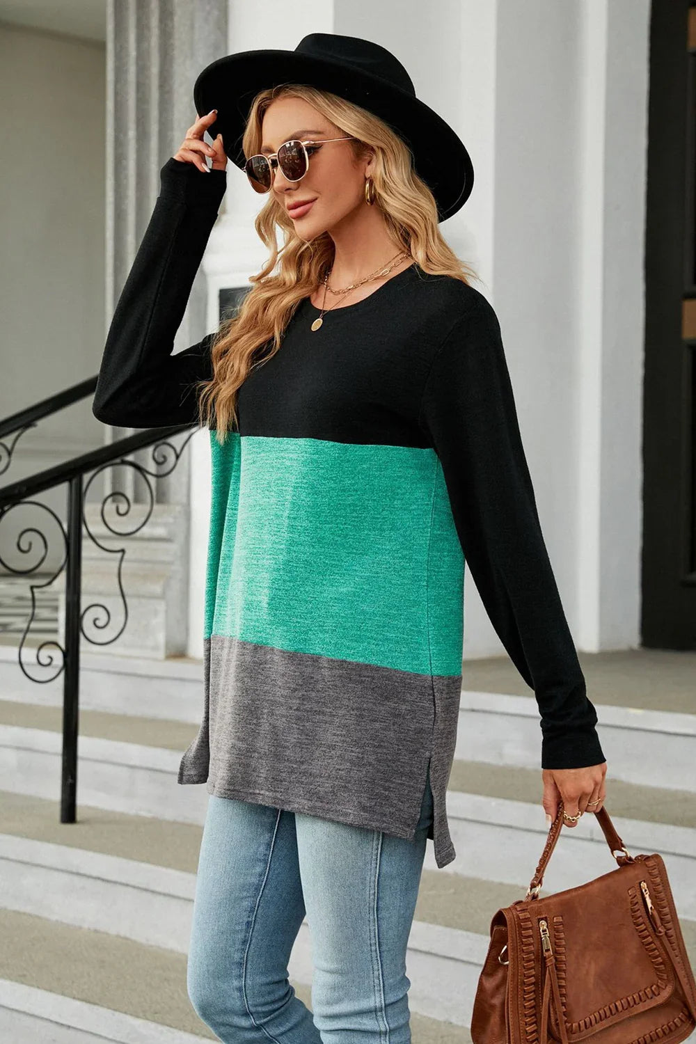 Block Pattern Round Neck Long Sleeve Slit T Shirt - Southern Shores Clothing