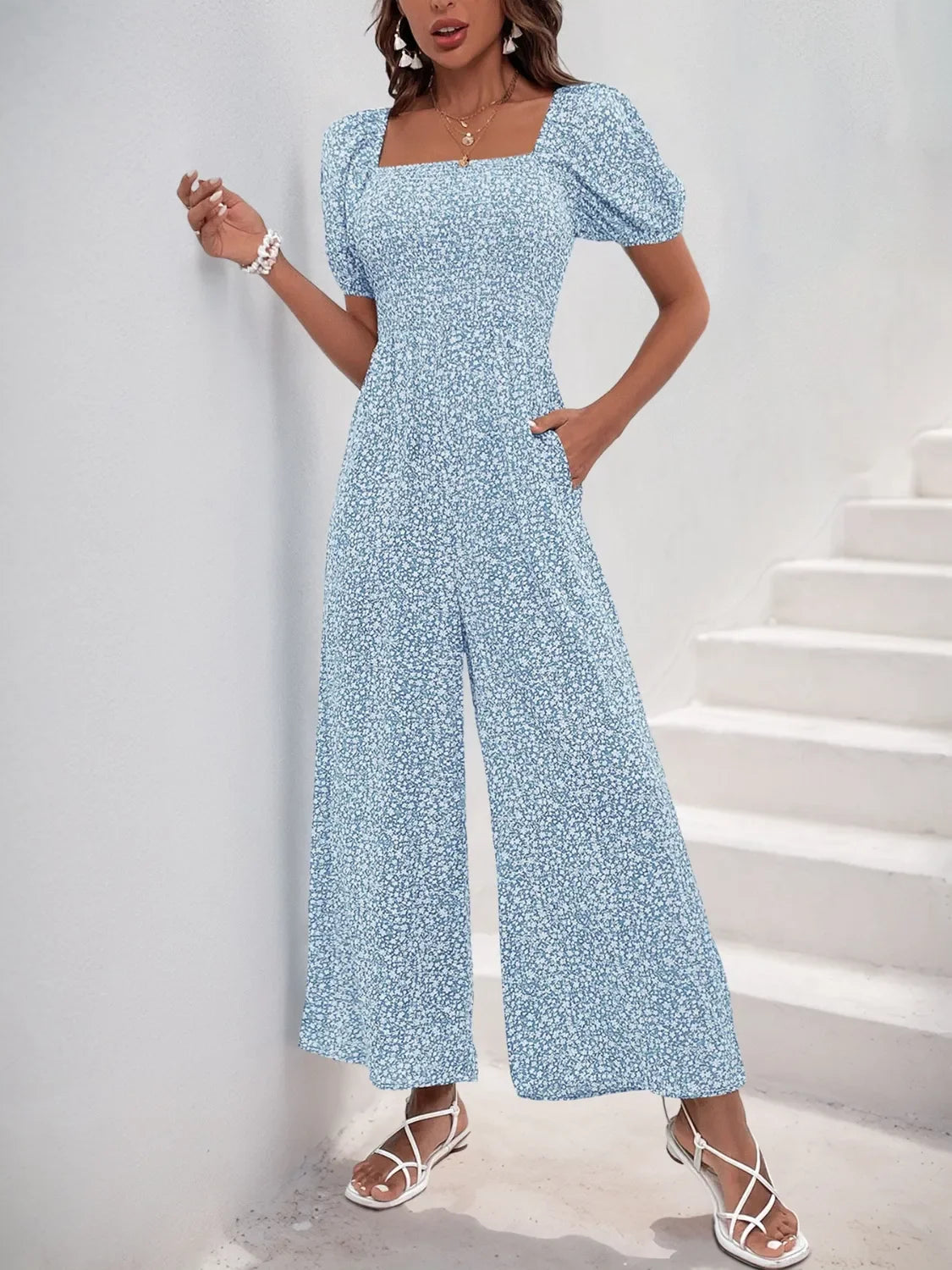 Printed Square Neck Puff Sleeve Jumpsuit - Southern Shores Clothing