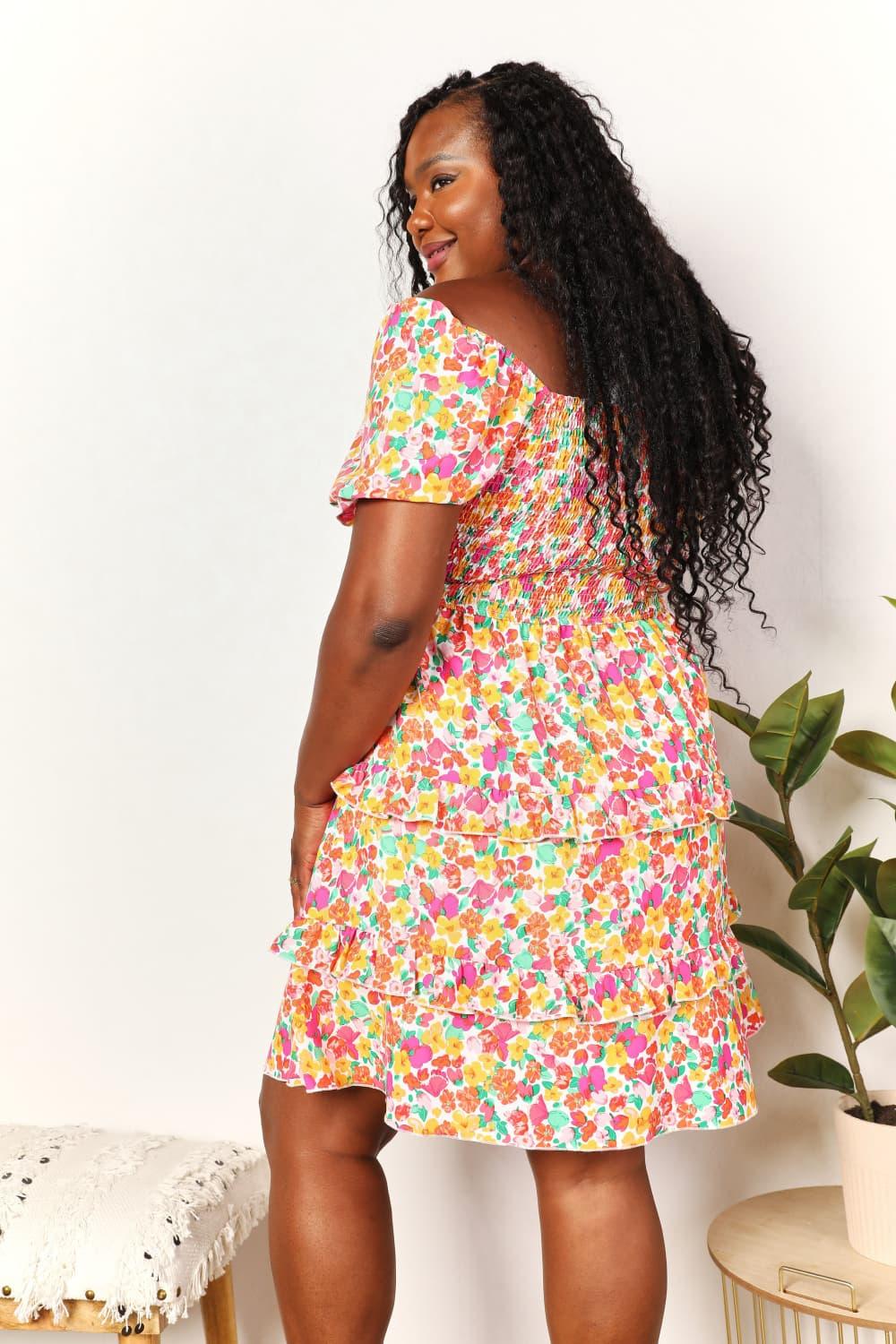 Smocked Bodice Sweetheart Neck Flounce Sleeve Mini Dress - Southern Shores Clothing
