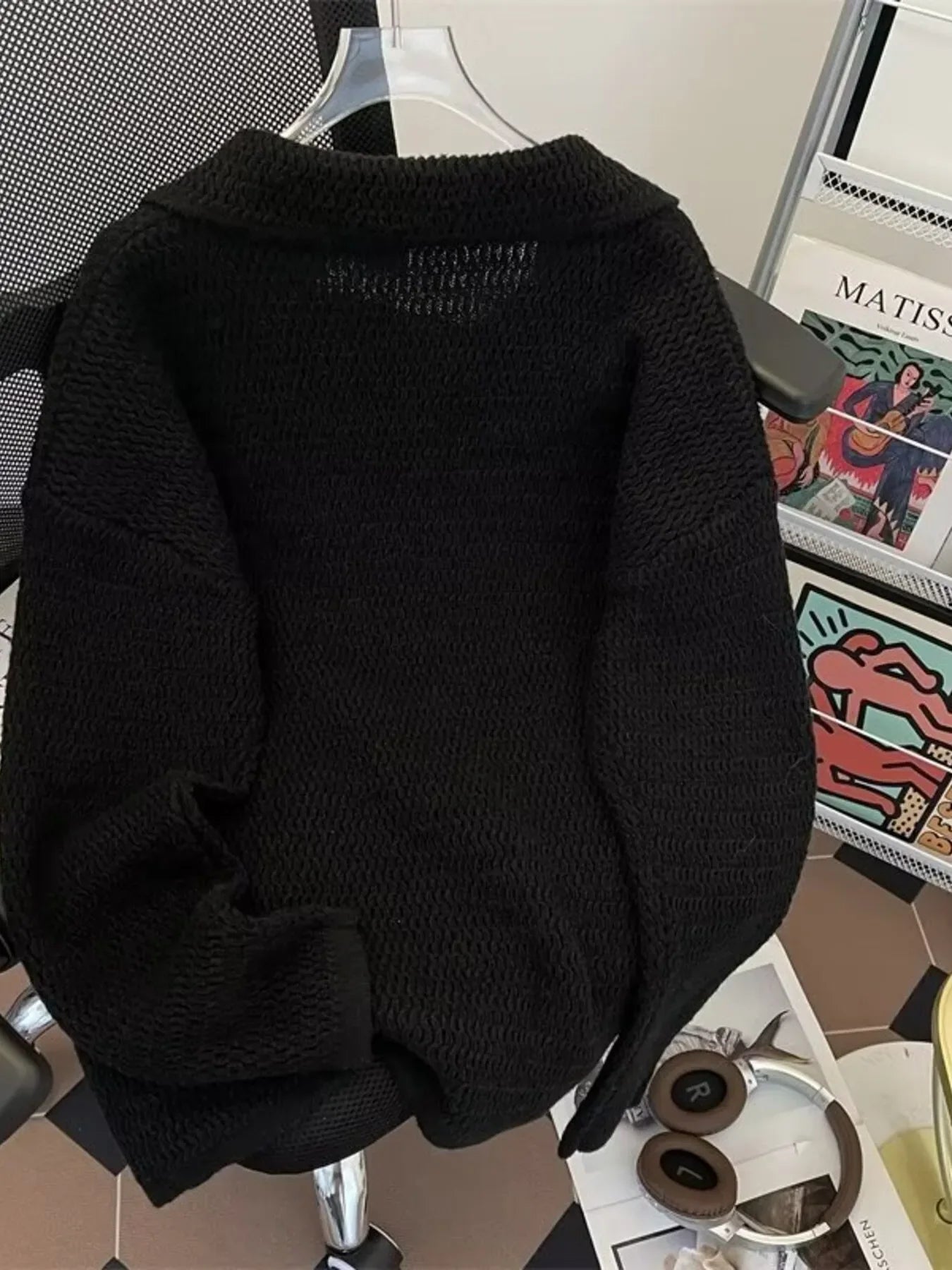 Textured Knit Polo Collar Stretch Sweater