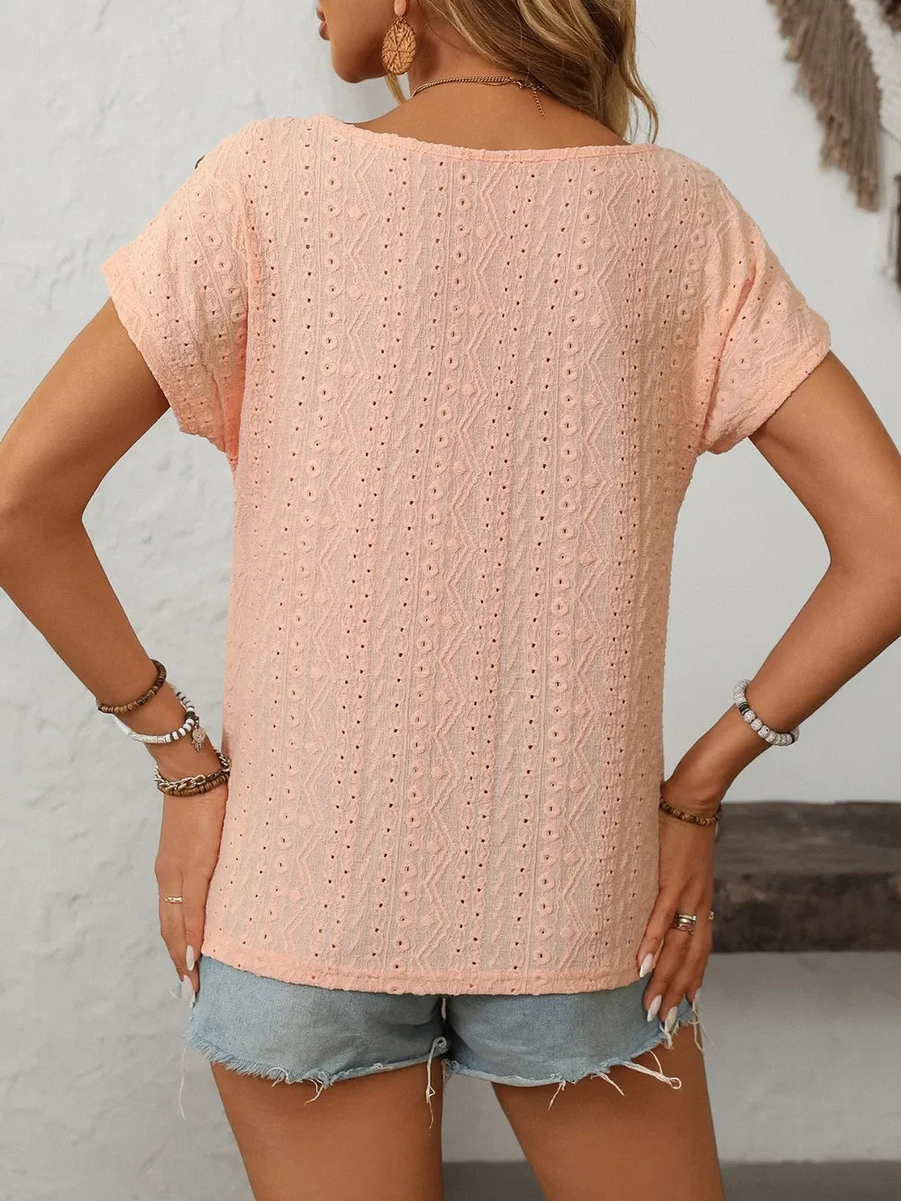 Eyelet Round Neck Short Sleeve Top With Decorative Button - Southern Shores Clothing