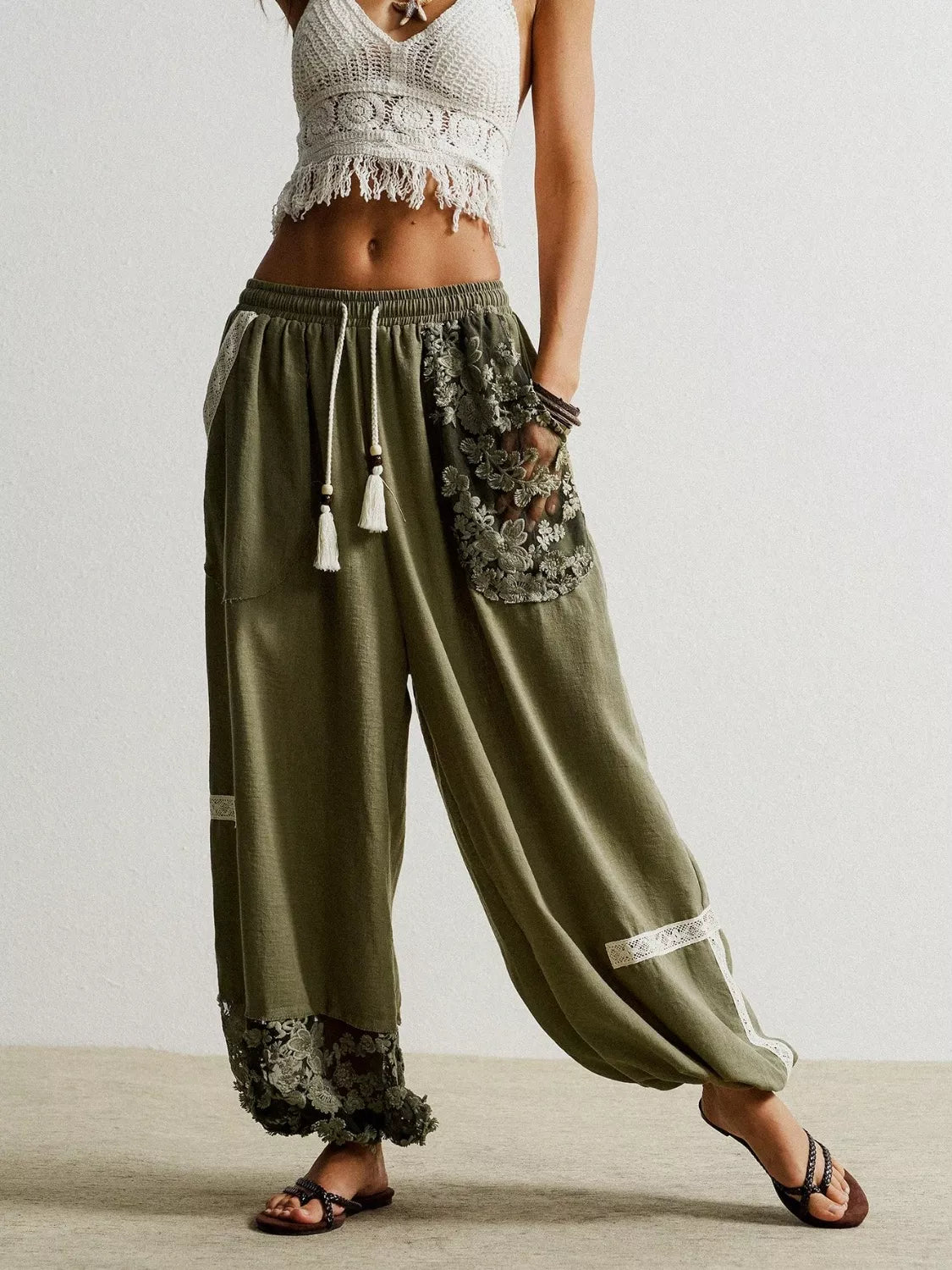 Southern Shores Lace Detail Drawstring Harem Pants