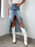 High-Waist Denim Skirt With Raw Hem Asymmetry - Southern Shores Clothing
