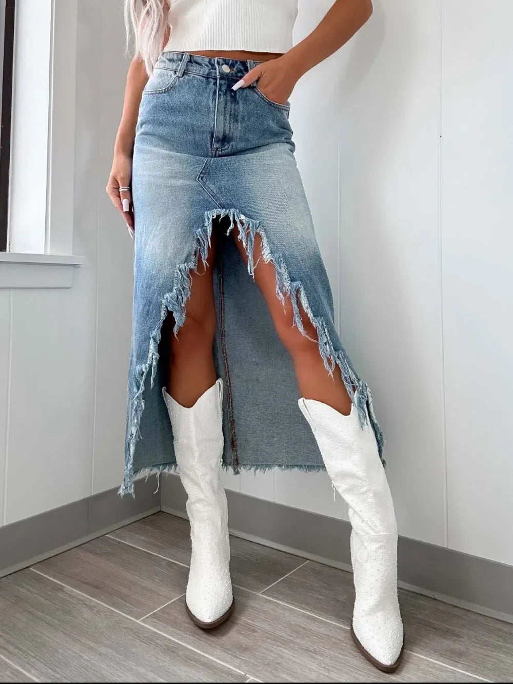 High-Waist Denim Skirt With Raw Hem Asymmetry - Southern Shores Clothing