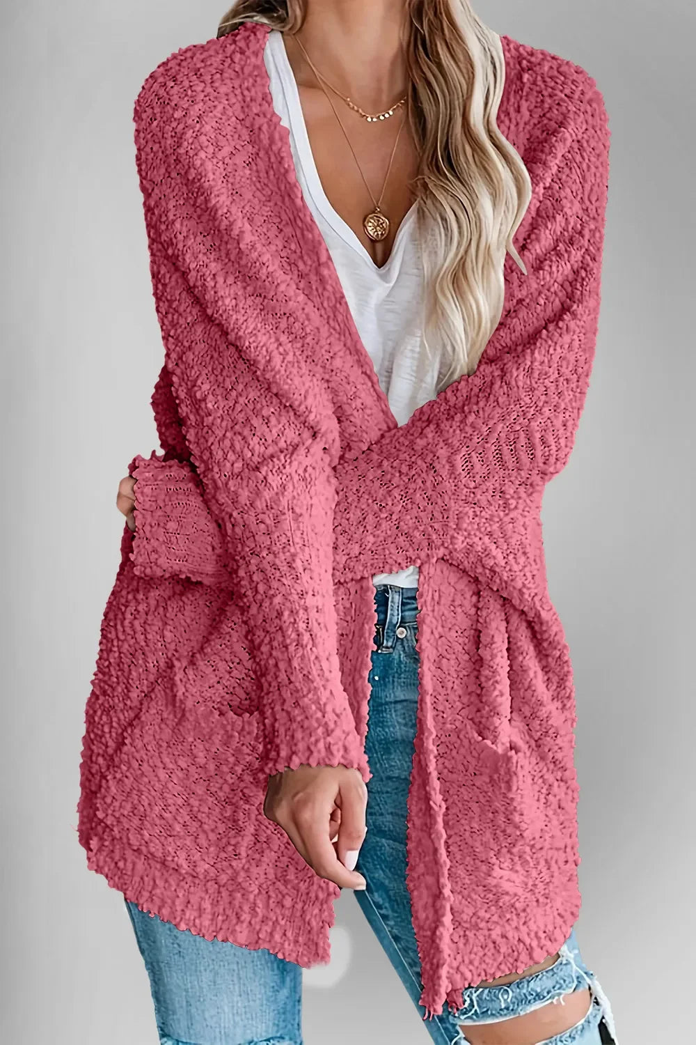 Pocketed Open Front Long Sleeve Cardigan With Stretch - Southern Shores Clothing