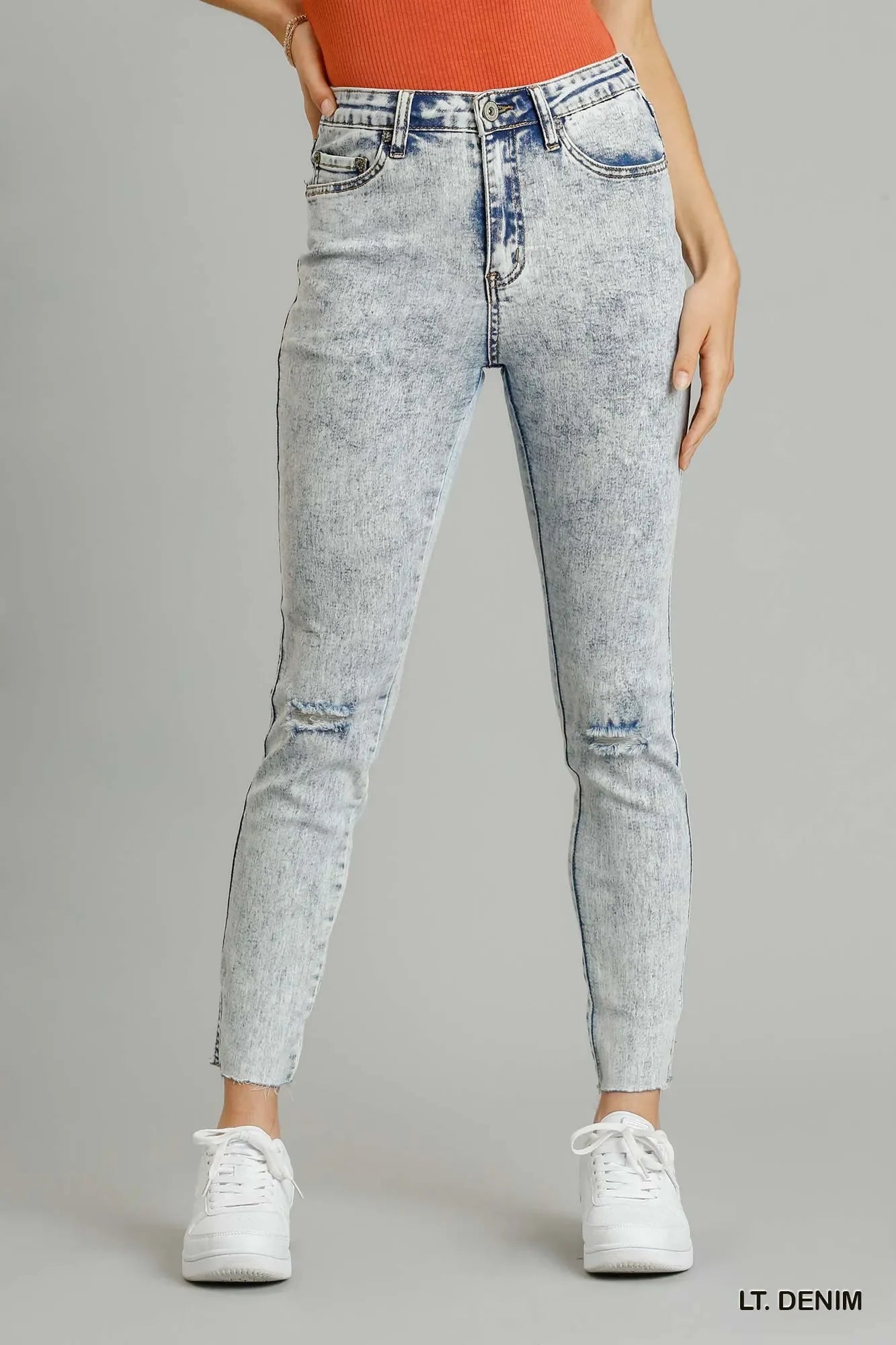 Distressed Stretch Denim Skinny Jeans With Raw Hem - Southern Shores Clothing