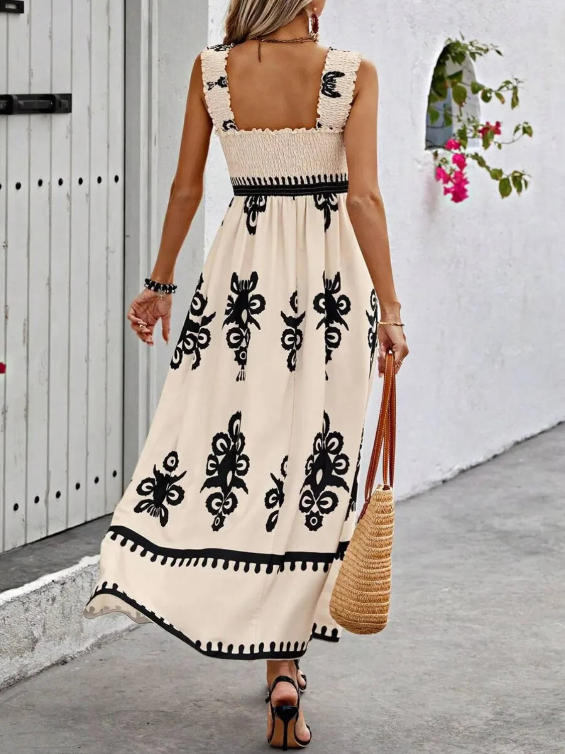 Smocked Printed Maxi Dress With Wide Straps Boho Style Details - Southern Shores Clothing