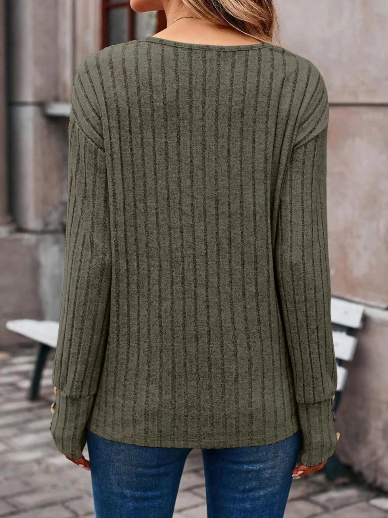Ribbed V-Neck Long Sleeve Buttoned Stretchy Top - Southern Shores Clothing