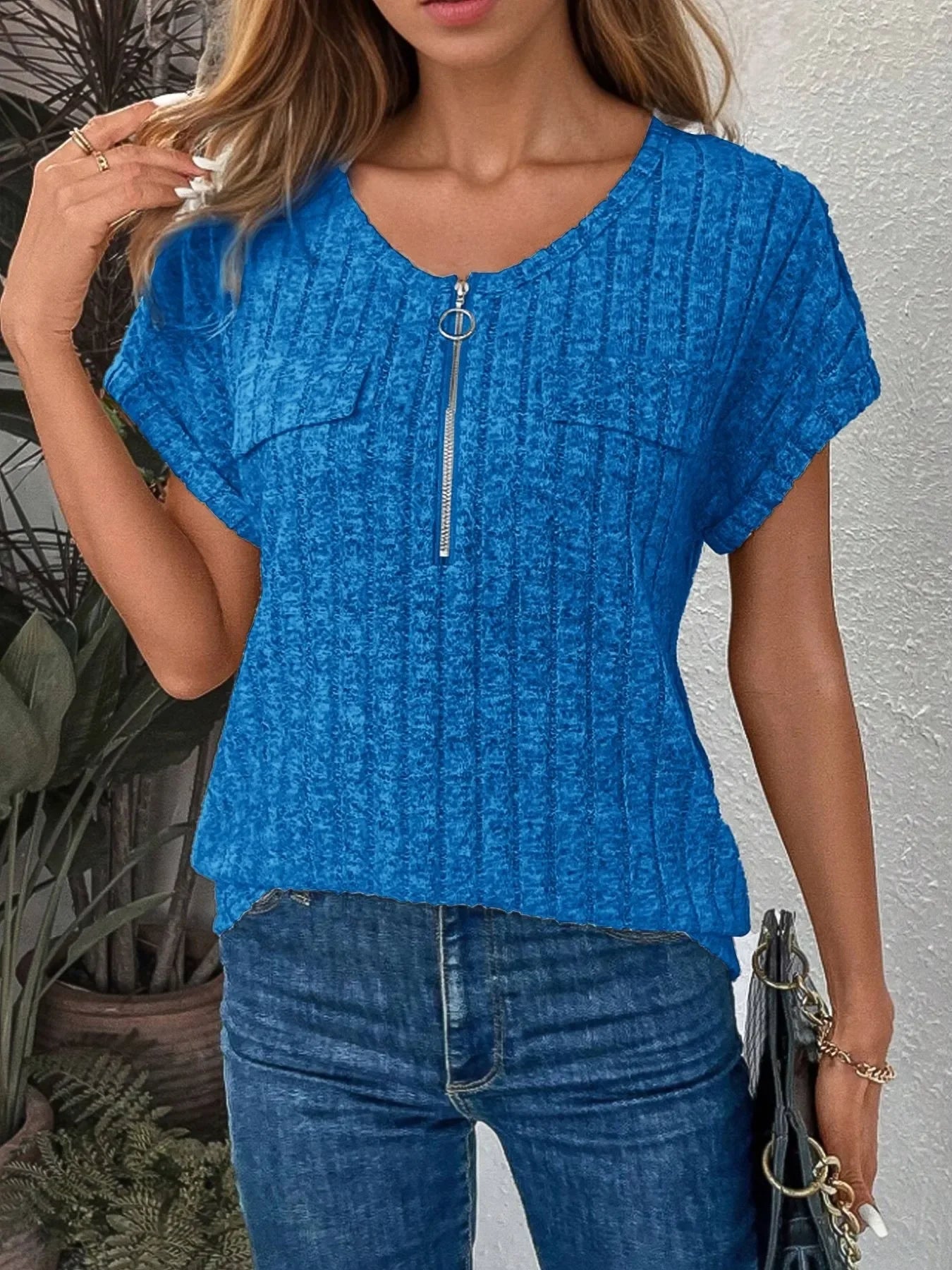 Zip-Front Ribbed Short Sleeve T-Shirt Coastal Style - Southern Shores Clothing