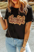 Thankful Sequin Round Neck Short Sleeve T Shirt - Southern Shores Clothing