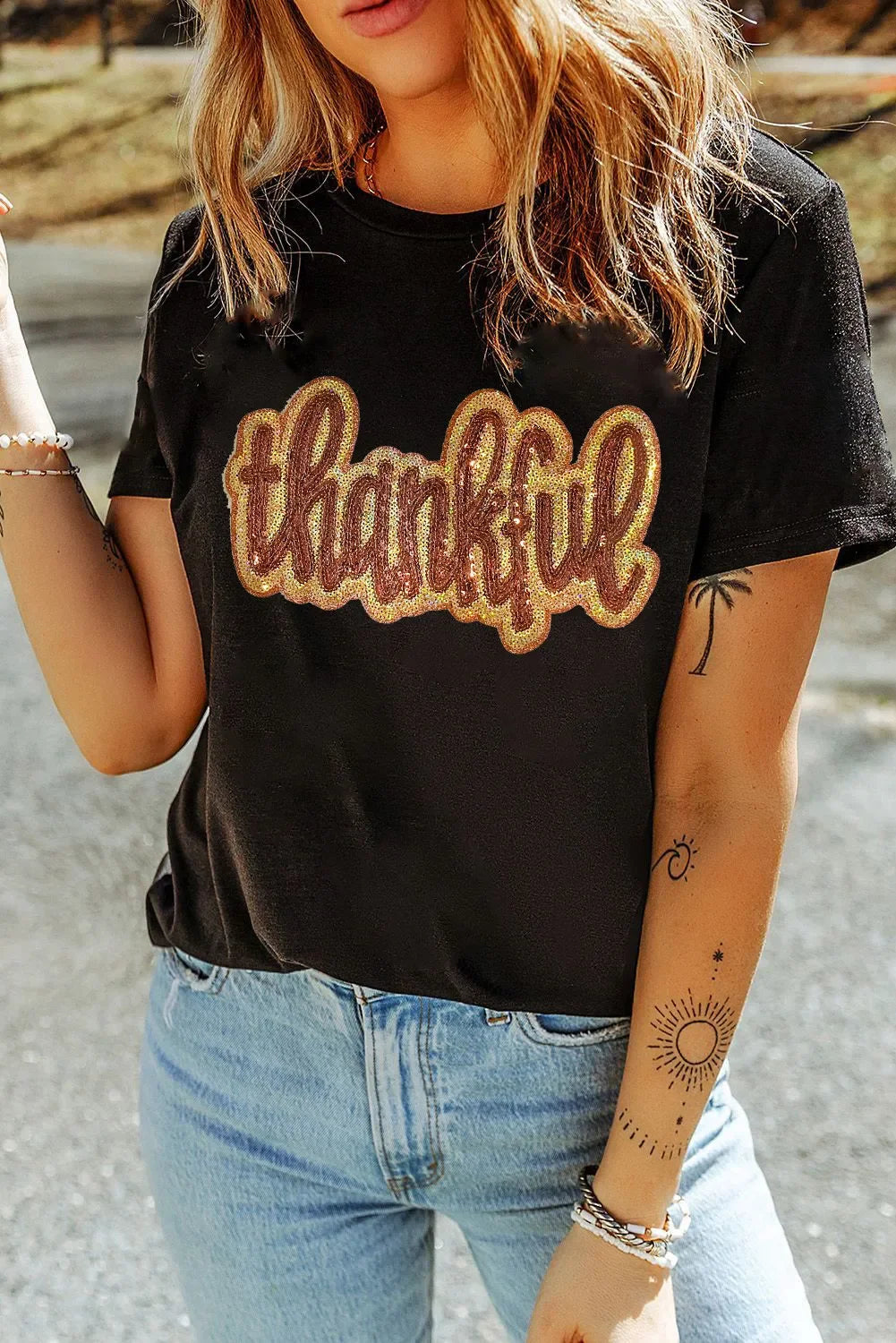 Thankful Sequin Round Neck Short Sleeve T Shirt - Southern Shores Clothing