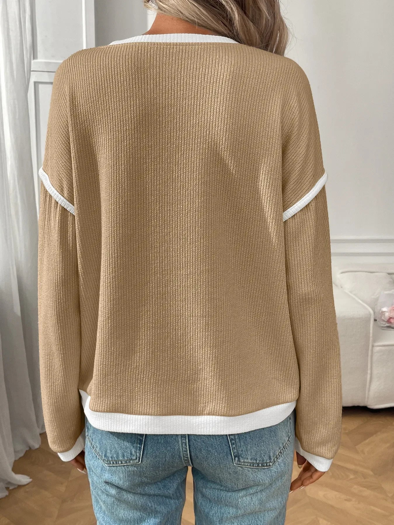 Ribbed Contrast Trim Long Sleeve Top - Southern Shores Clothing