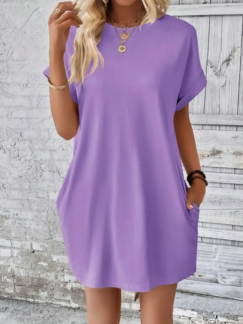 Pocketed Round Neck Short Sleeve Dress - Southern Shores Clothing