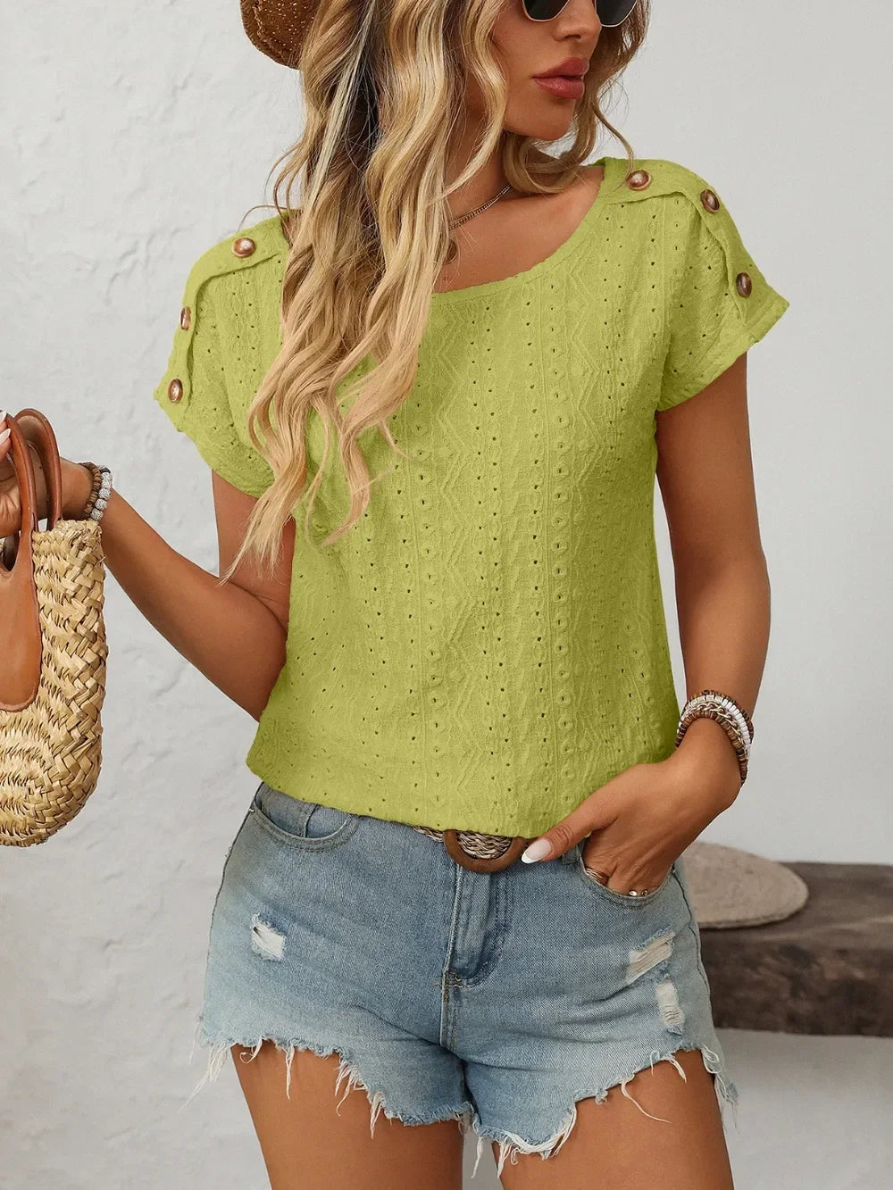 Eyelet Round Neck Short Sleeve Top With Decorative Button - Southern Shores Clothing