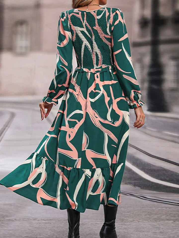 Perfee Printed Smocked V-Neck Three-Quarter Sleeve Midi Dress - Southern Shores Clothing