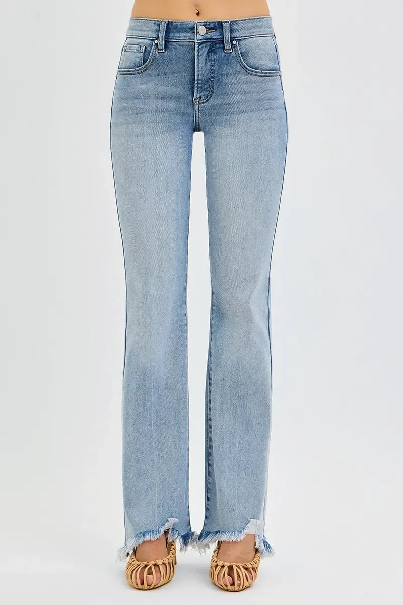 Tummy Control Mid Rise Flare Jeans Plus Size Fray Hem - Southern Shores Clothing