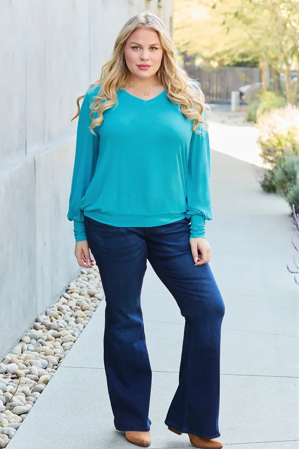 V Neck Lantern Sleeve Top Lightweight Stretch - Southern Shores Clothing