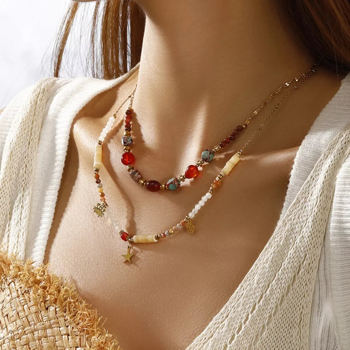Two-Piece 18K Gold-Plated Natural Stone Bead Necklace Set - Southern Shores Clothing