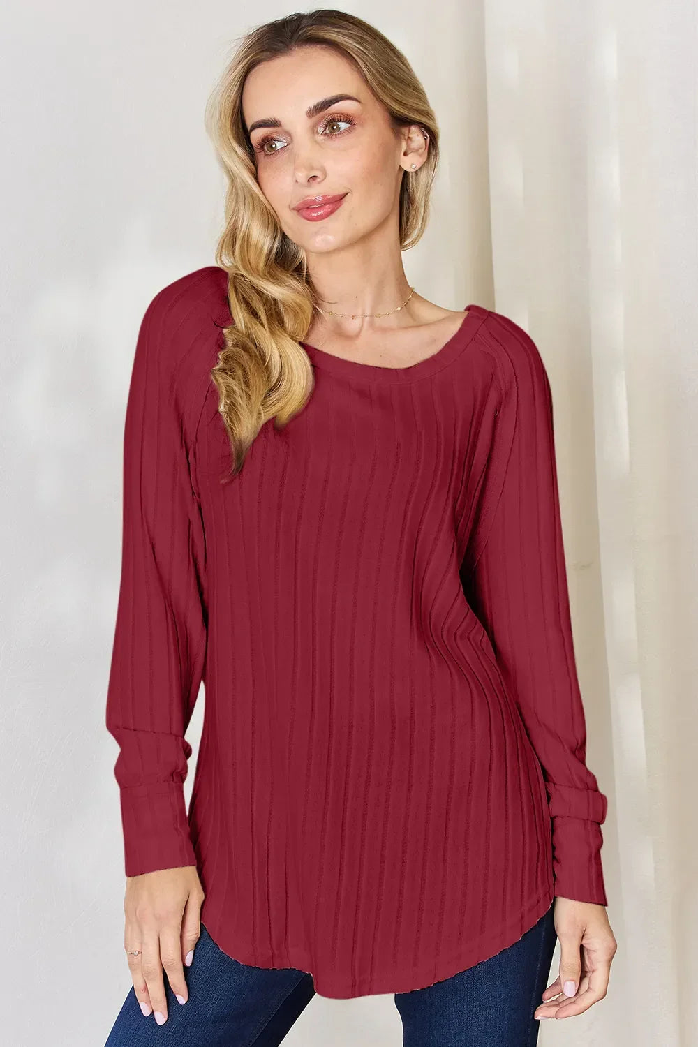 Ribbed Round Neck Slit T Shirt With Stretch - Southern Shores Clothing
