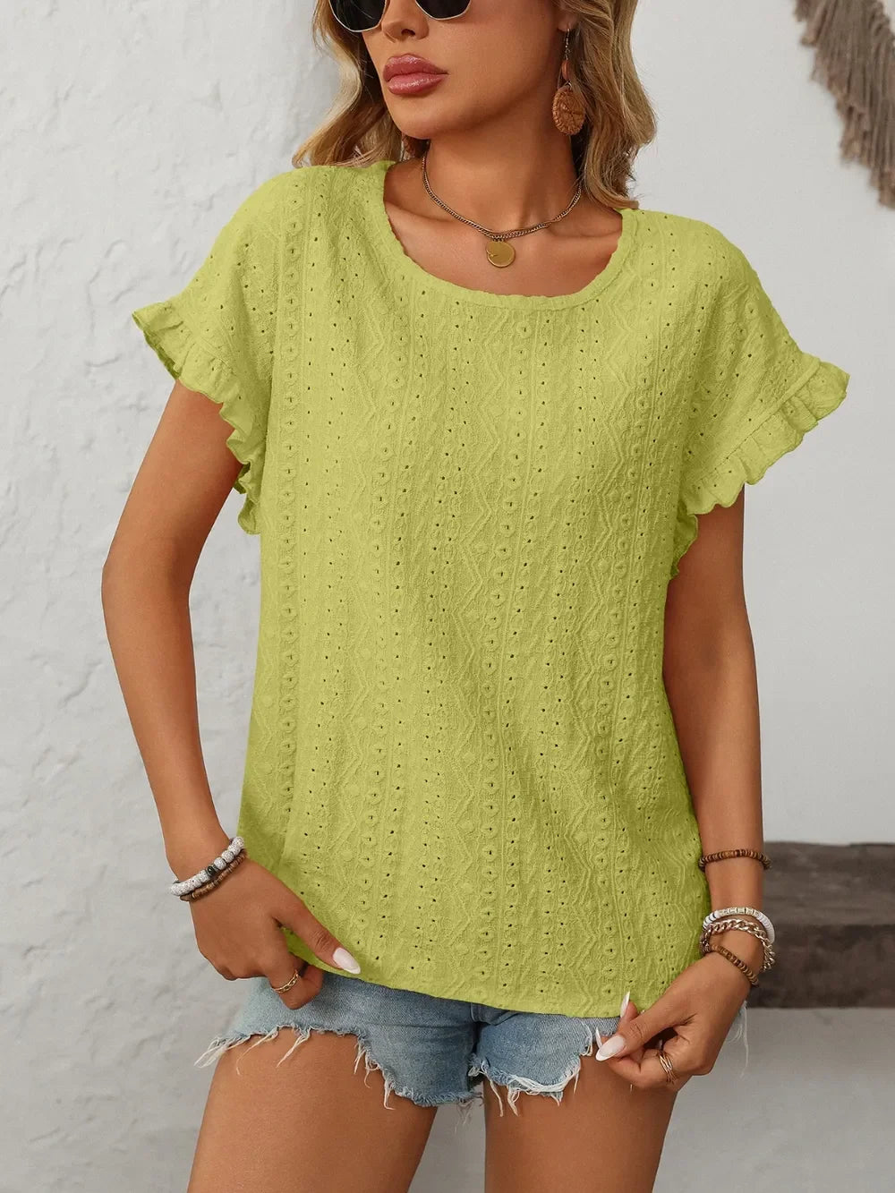 Eyelet Frill Round Neck Short Sleeve Top - Southern Shores Clothing