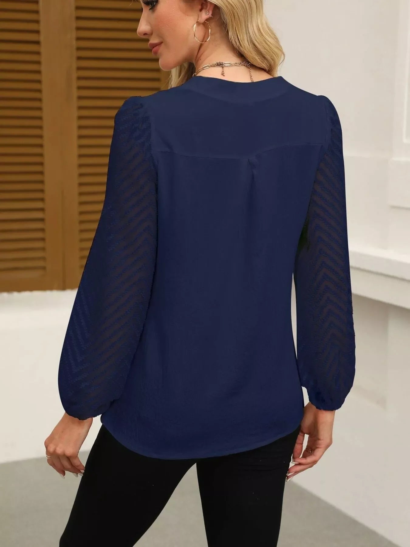 Notched Balloon Sleeve Polyester Blouse Effortless Style - Southern Shores Clothing
