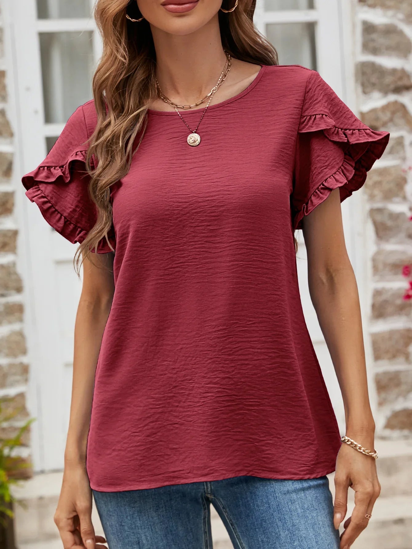 Textured Petal Sleeve Round Neck Tee Polyester - Southern Shores Clothing