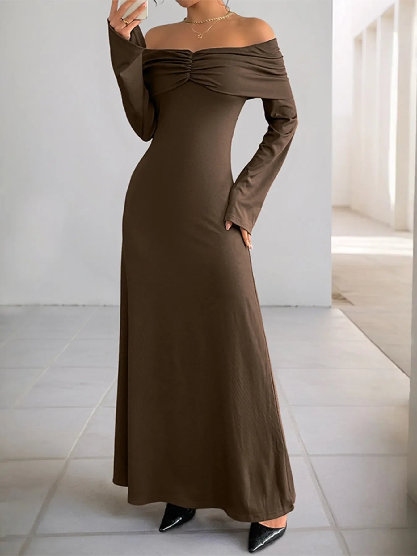 Off-Shoulder Long Sleeve Bodycon Maxi Dress - Southern Shores Clothing
