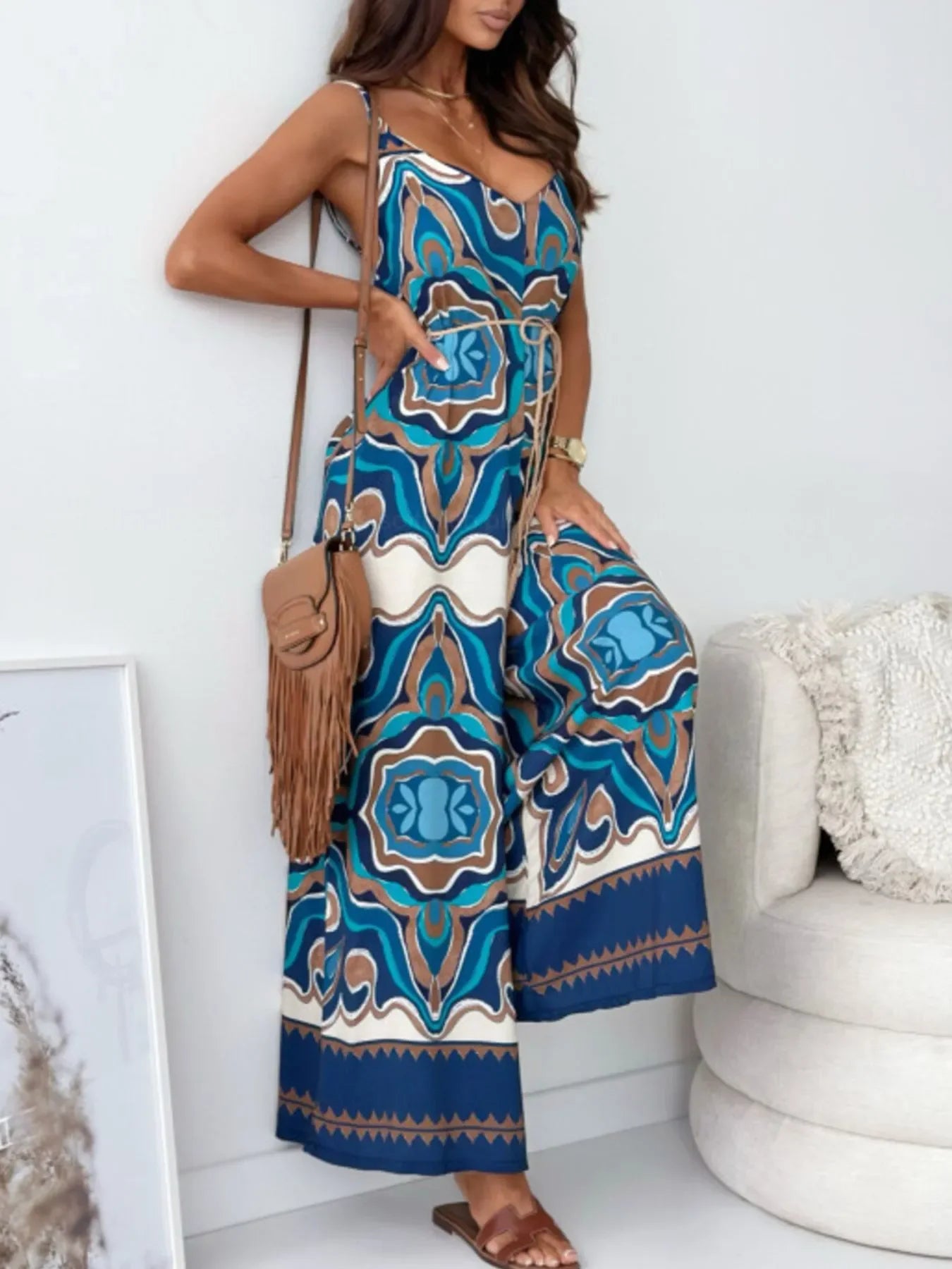 Paisley Print Spaghetti Strap Wide Leg Jumpsuit - Southern Shores Clothing