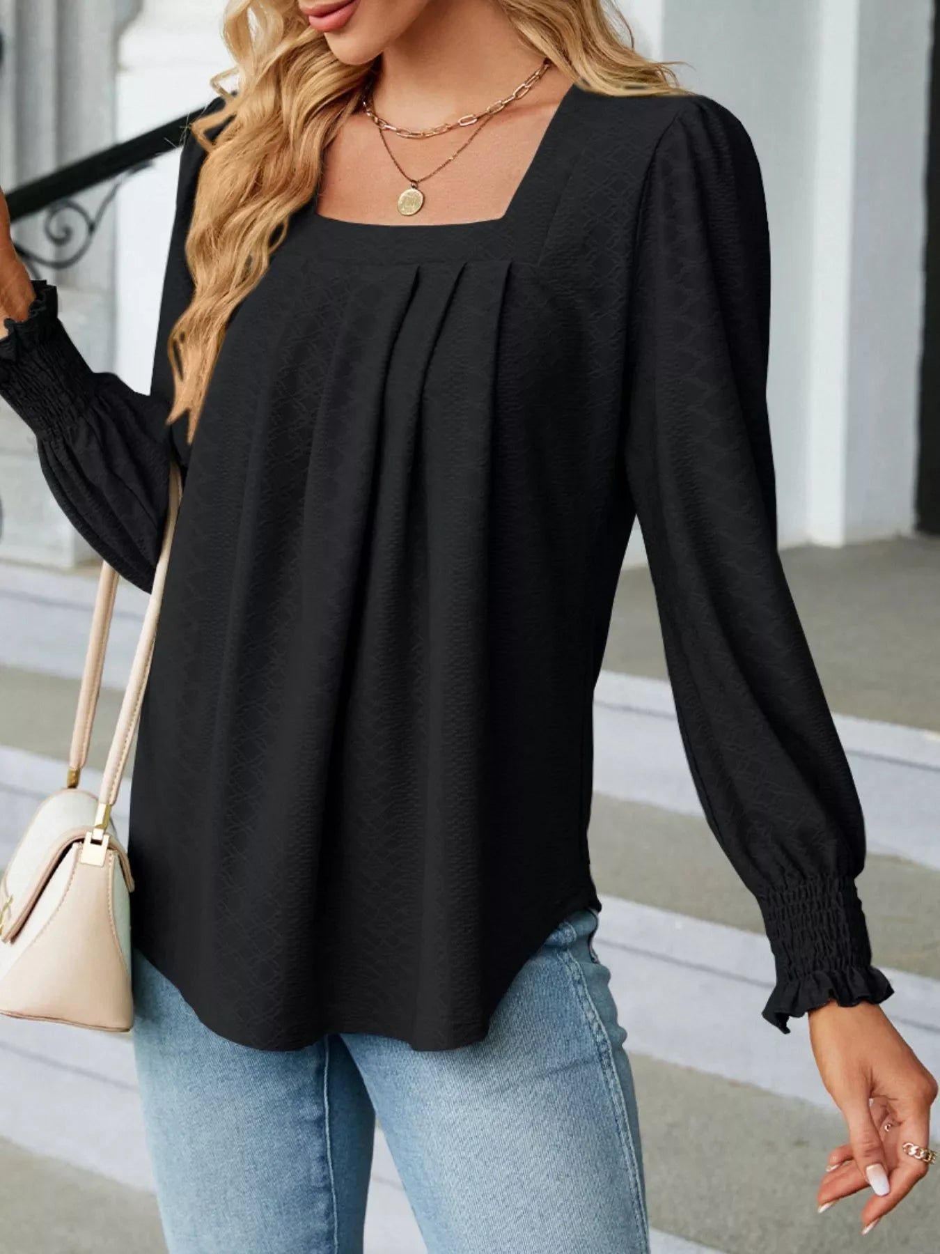 Pleated Square Neck Long Sleeve Top - Southern Shores Clothing