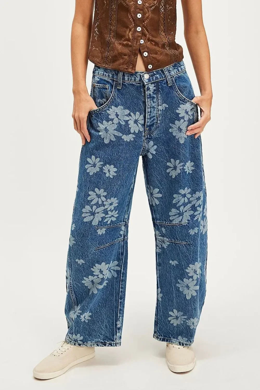 Denim Wide Leg Jeans With Ocean Flower Print - Southern Shores Clothing
