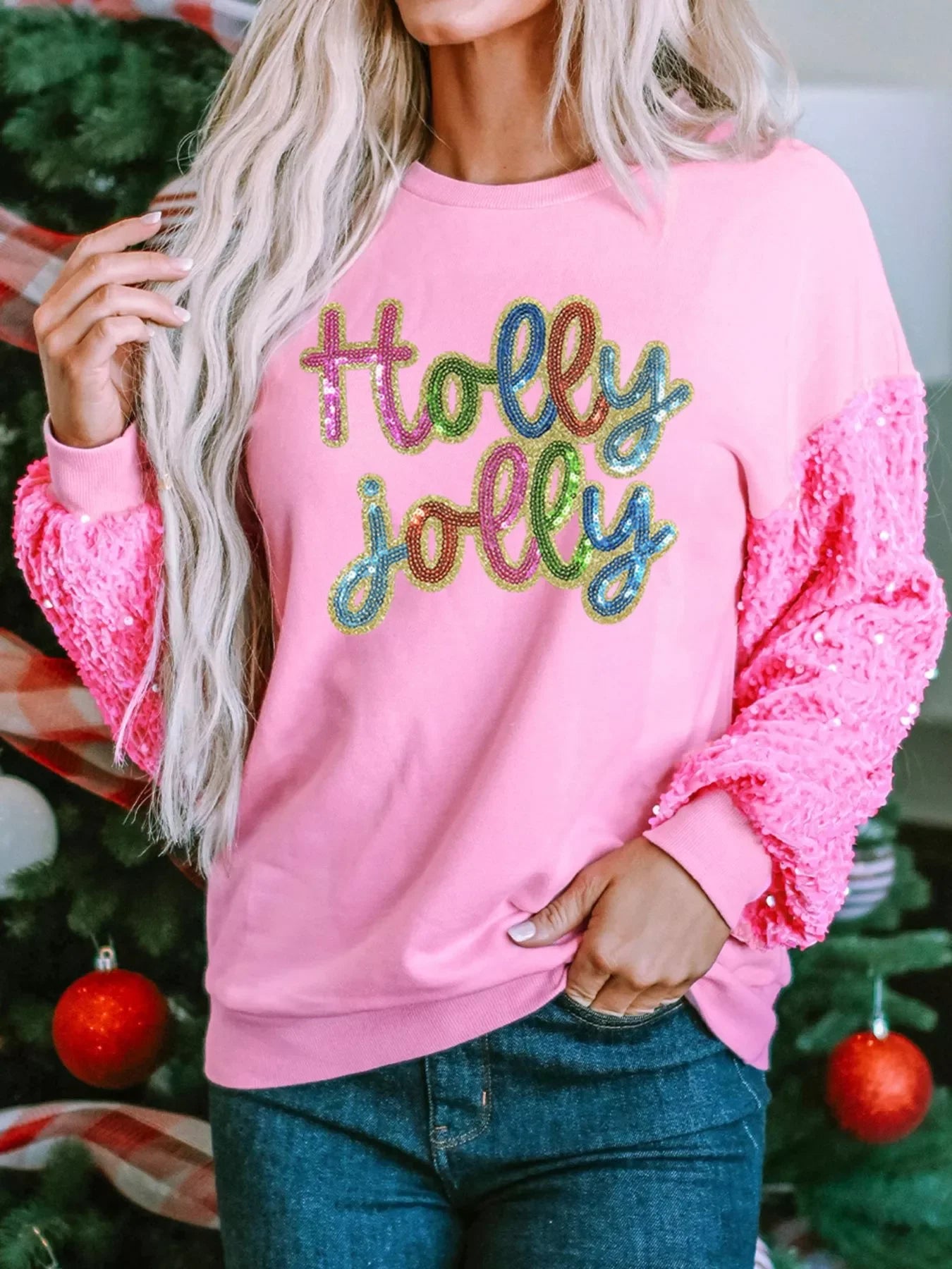Holly Jolly Sequin Letter Drop Shoulder Long Sleeve Top - Southern Shores Clothing