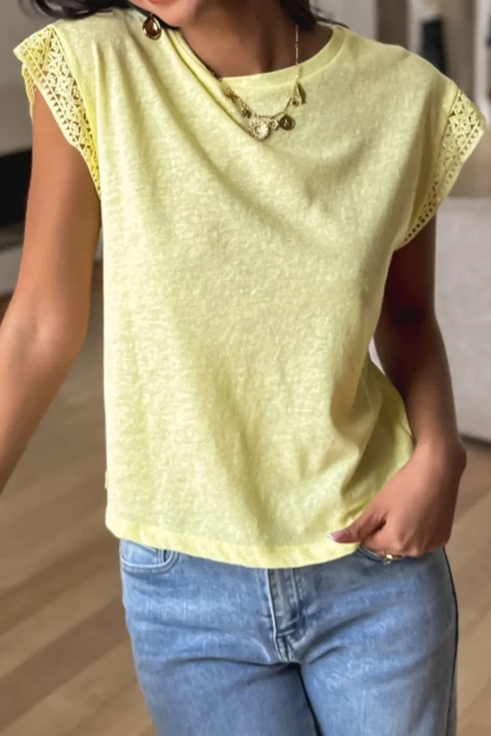 Lace Patchwork Cap Sleeve Round Neck T Shirt - Southern Shores Clothing