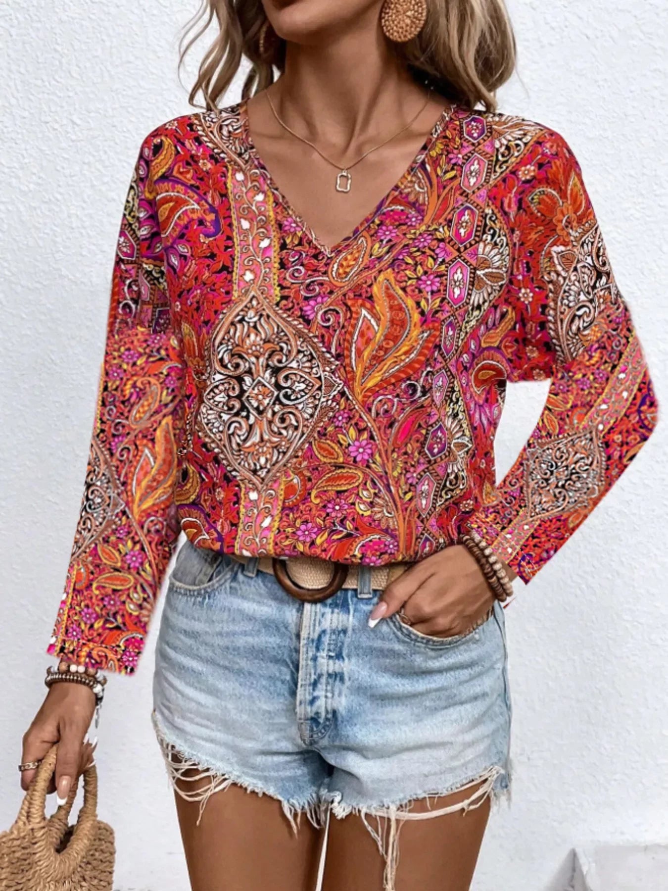 Paisley Print V Neck Long Sleeve Blouse Silhouette Classic - Southern Shores Clothing