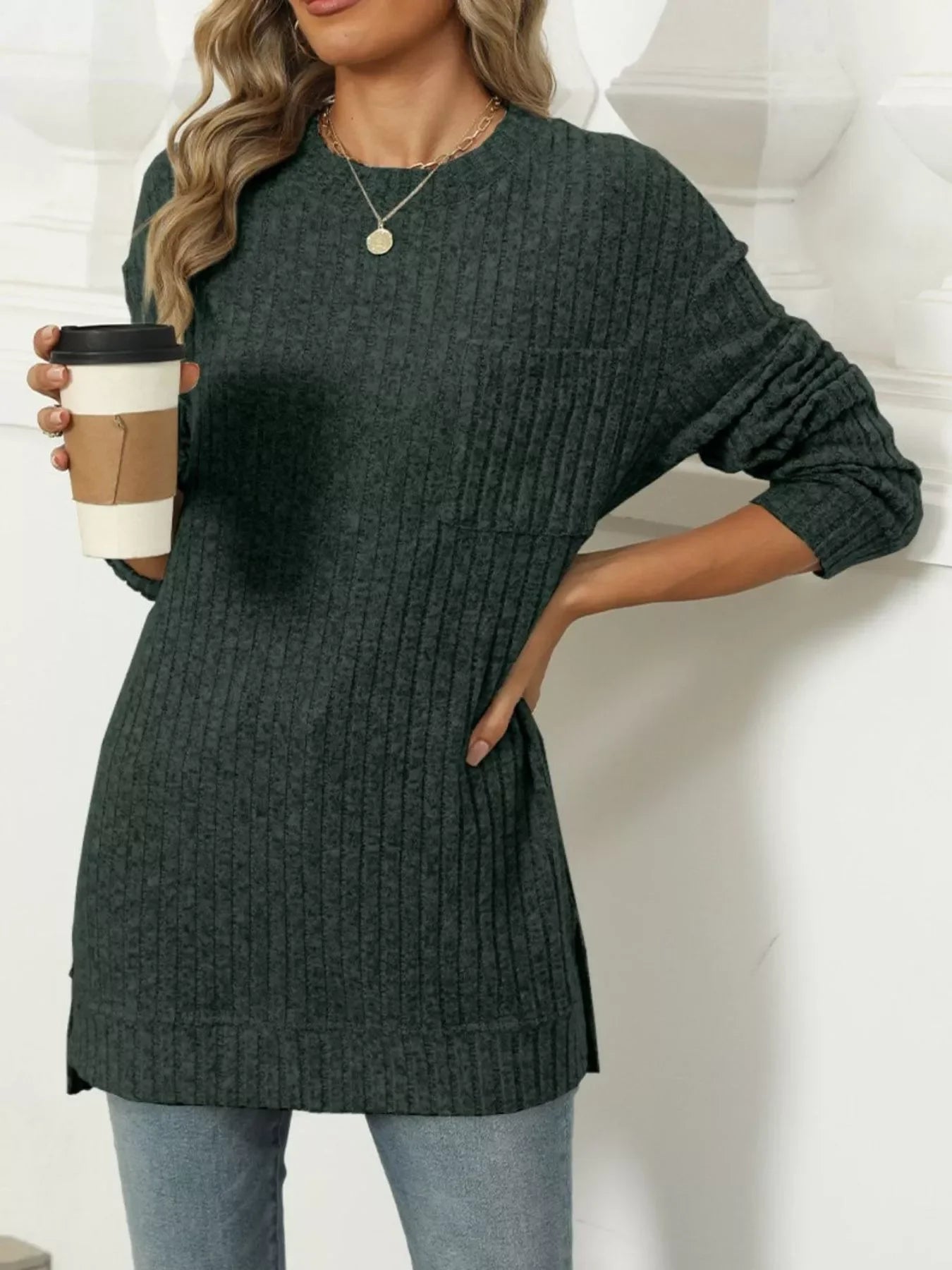 Ribbed Knit Round Neck Sweater - Southern Shores Clothing