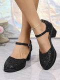 Round Toe Block Heels Pumps With Sequins Linen Mesh - Southern Shores Clothing