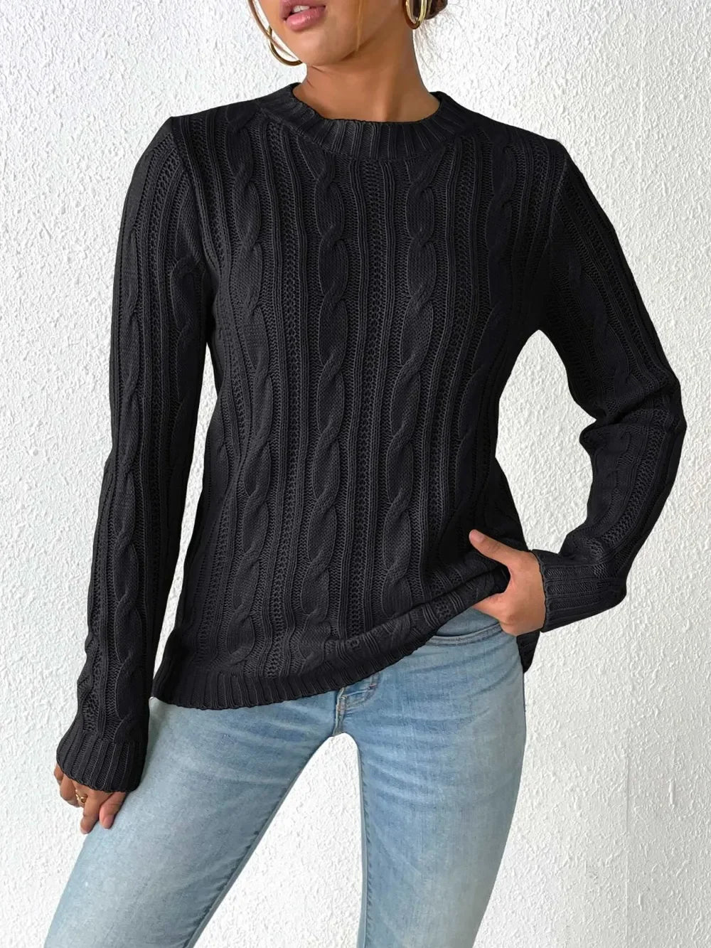 Cable Knit Round Neck Sweater With Stretch - Southern Shores Clothing