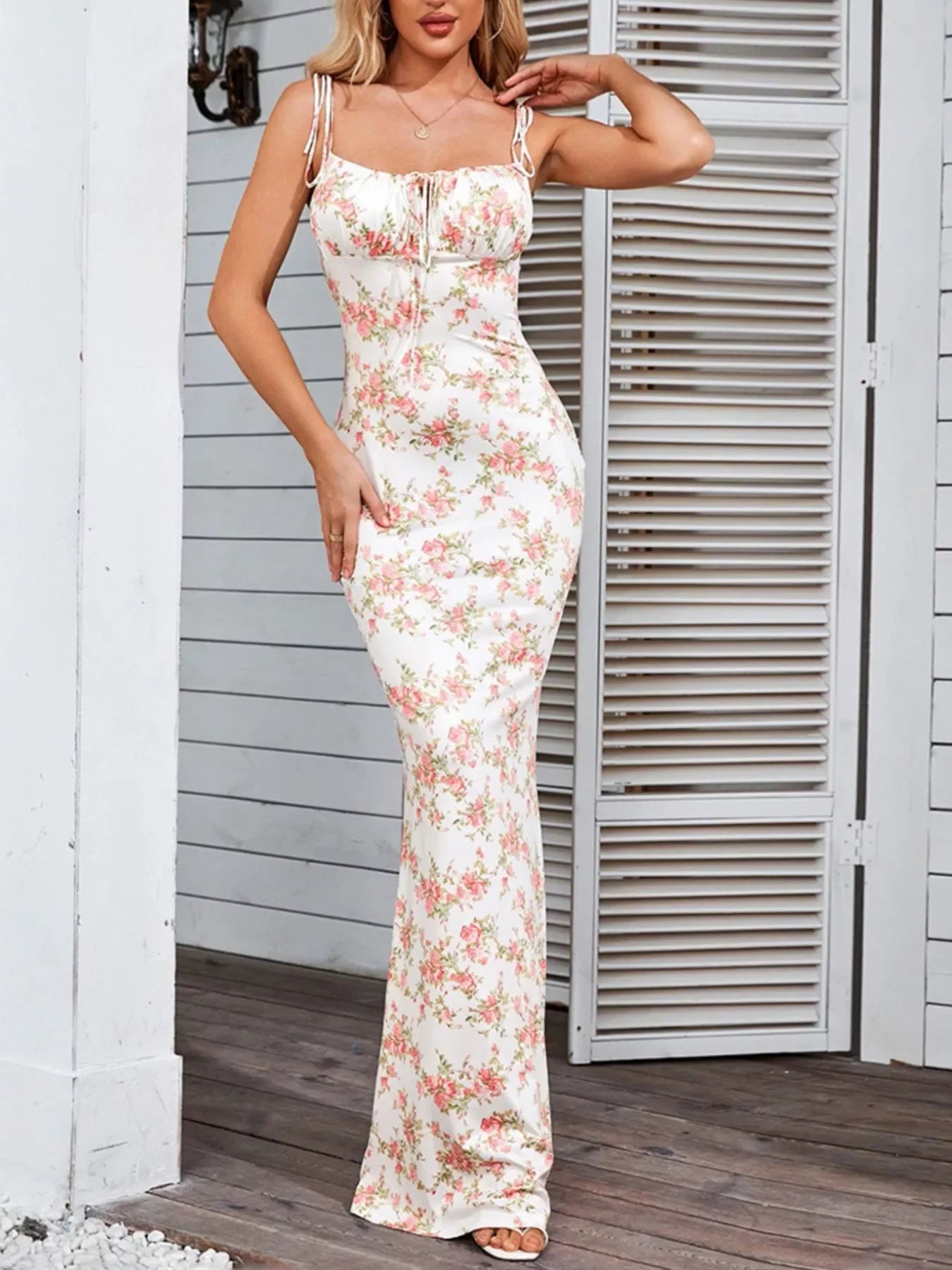 Floral Print Tie Strap Bodycon Maxi Dress - Southern Shores Clothing