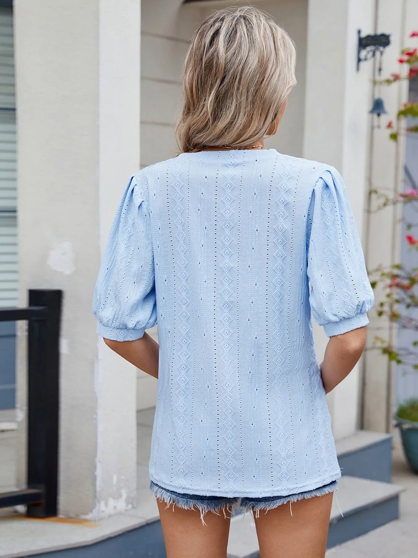 Spade Eyelet V-Neck Puff Sleeve Rayon Top - Southern Shores Clothing