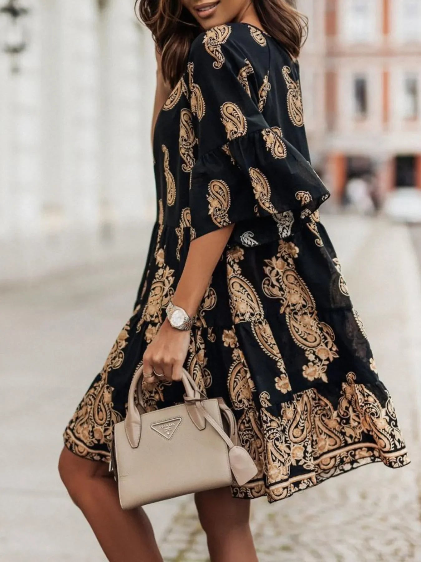 Paisley Print Tie Neck Half Sleeve Mini Dress Casual Everyday - Southern Shores Clothing