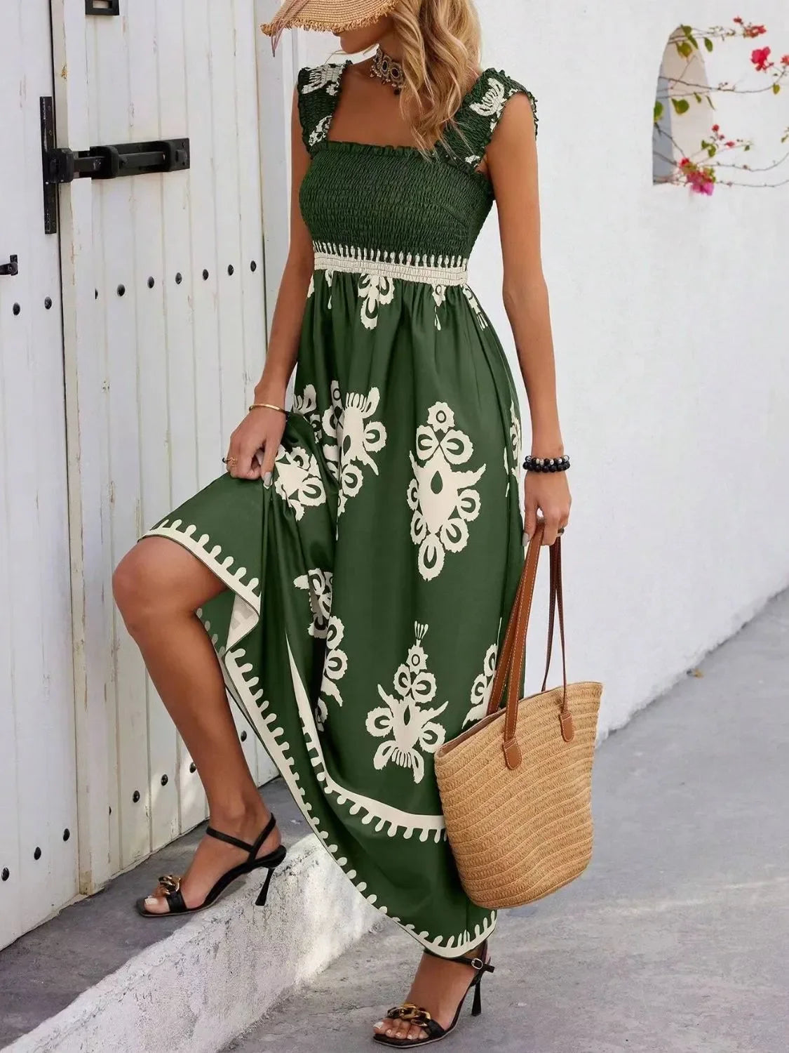 Smocked Printed Maxi Dress With Wide Straps Boho Style Details - Southern Shores Clothing