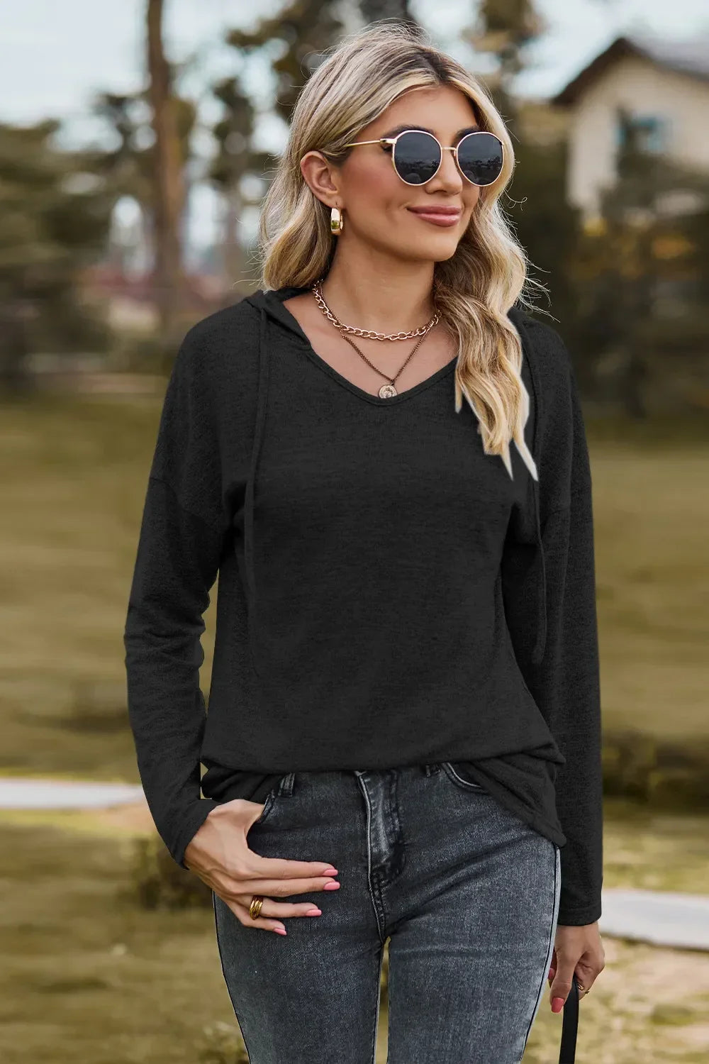 Hooded Drawstring T Shirt With Dropped Shoulder Stretchy - Southern Shores Clothing