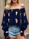 Feather Print Smocked Off Shoulder Blouse Polyester Blend - Southern Shores Clothing