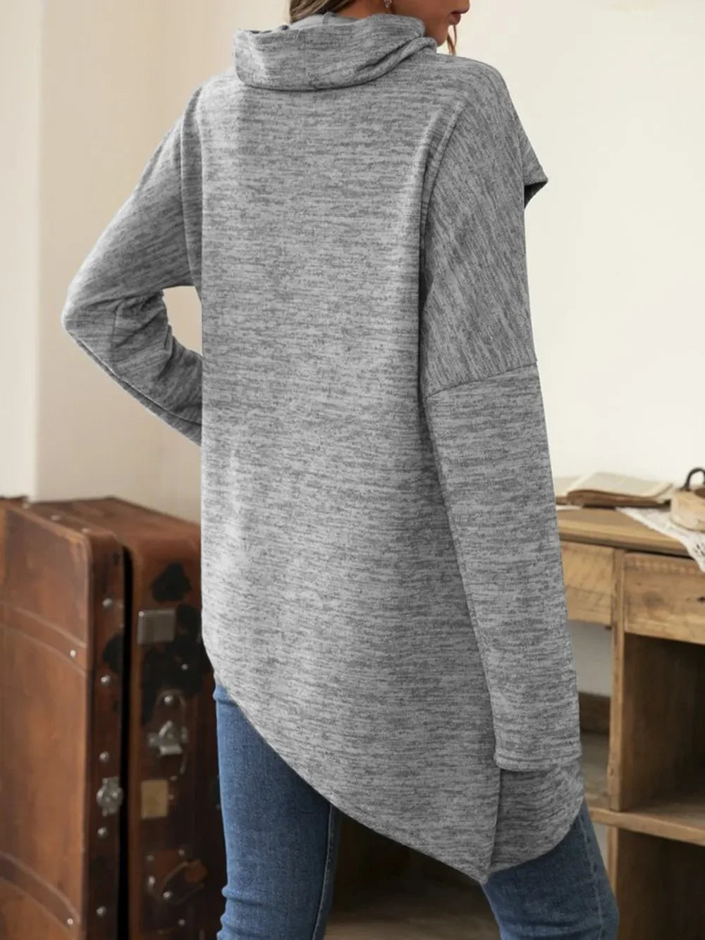 Asymmetrical Hem Cowl Neck Long Sleeve T-Shirt - Southern Shores Clothing