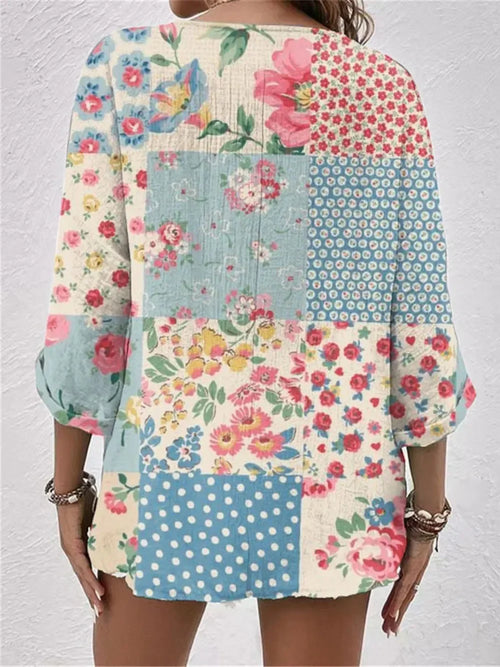 Printed V-Neck Buttoned Polyester Blouse, Casual Style - Southern Shores Clothing