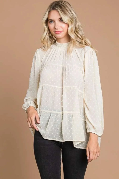Swiss Dot Smocked Mock Neck Flowy Blouse With Sheer Sleeves - Southern Shores Clothing