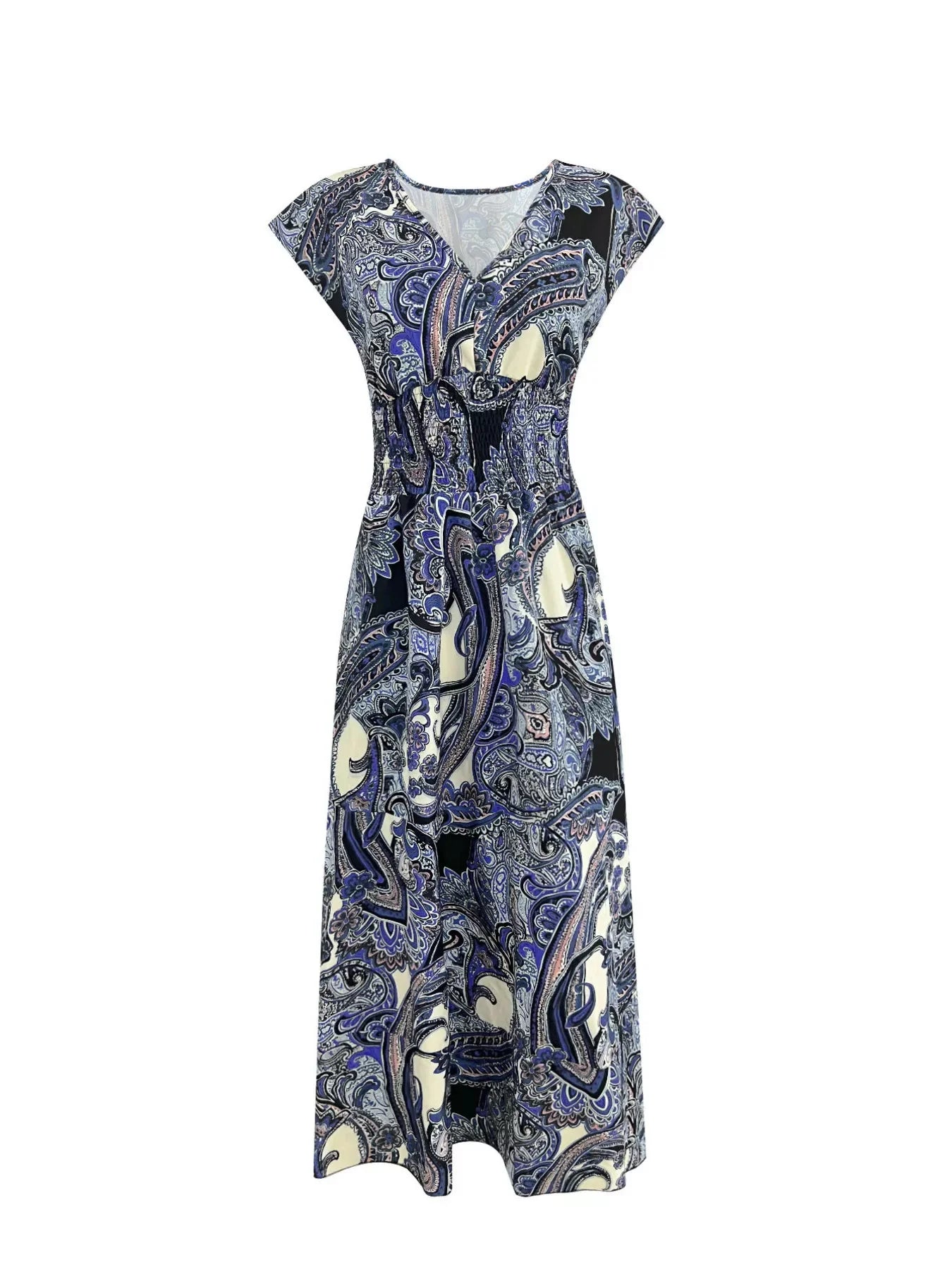 Printed V-Neck Cap Sleeve Maxi Dress Casual - Southern Shores Clothing