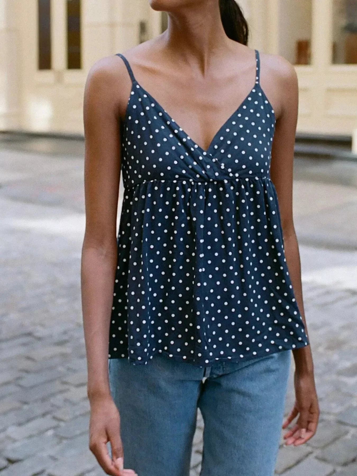Flowy V Neck Polka Dot Camisole With Adjustable Spaghetti Straps - Southern Shores Clothing