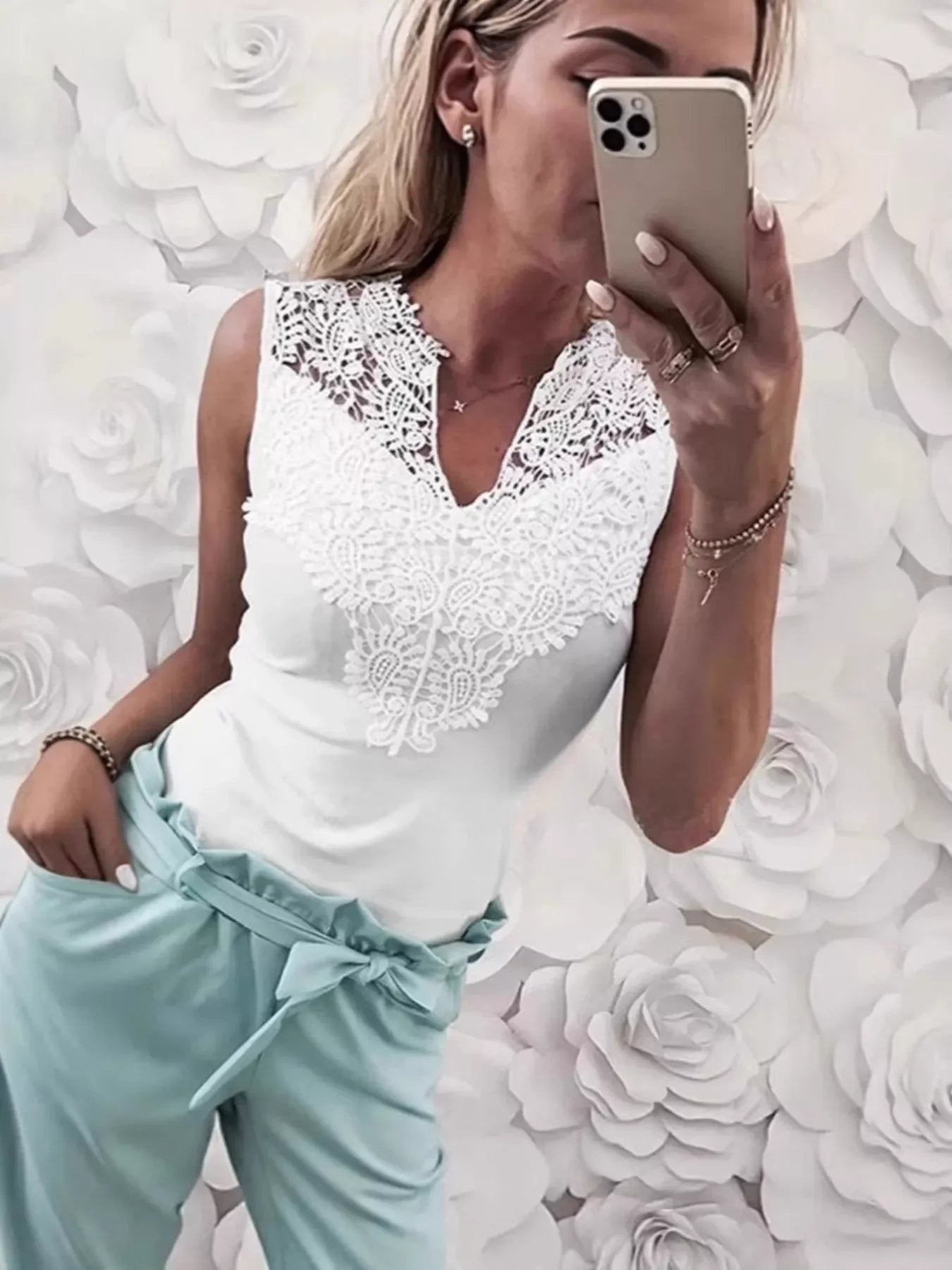 Lace Detail Notched Tank Top With Intricate Decorative Edge Trim - Southern Shores Clothing